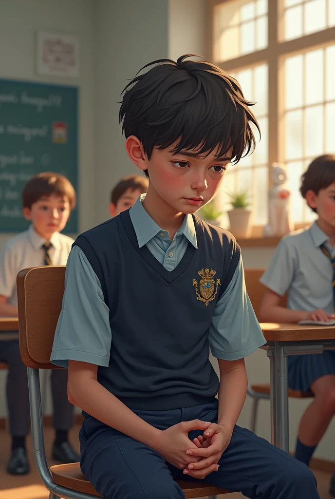 Sad realistic-looking boy at school with classmates around