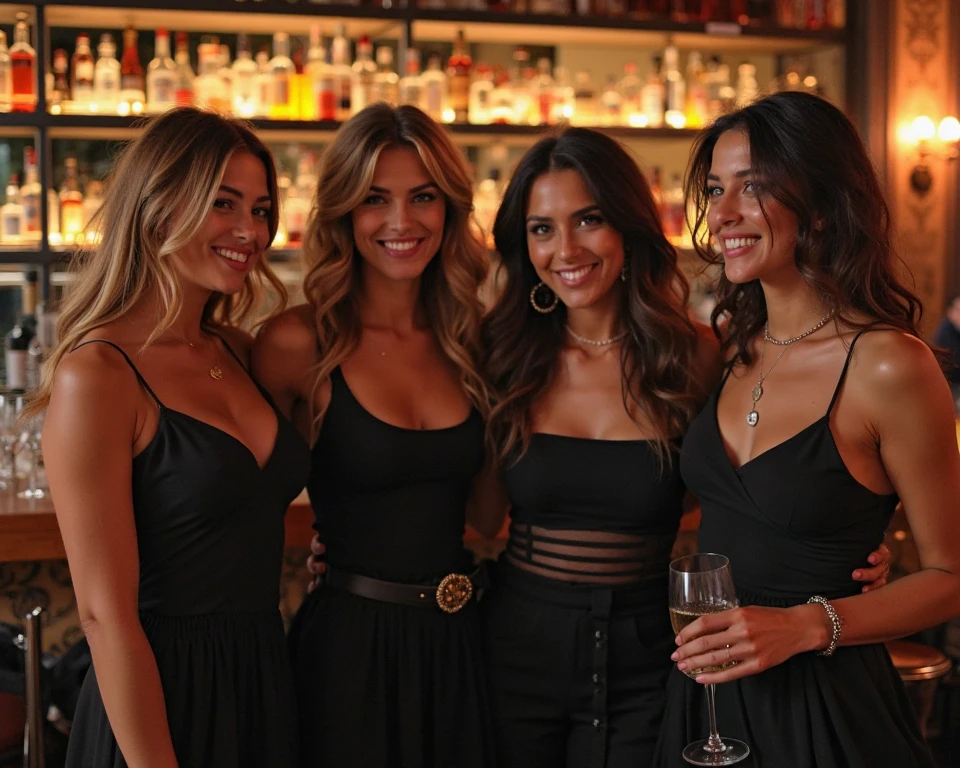 FULL BODY PICTURE Imagine a blonde woman with flowing hair and a brunette woman with short, and messy hair tied to a knot. wearing sexy strapless tops and sexy maxi skirts with sexy very high heels, smiling, arm in arm, jewellery, cuddling in a Spanish bar