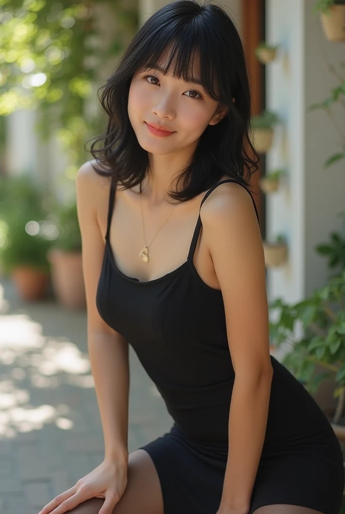 (1girl, upper body, smile, narrow waist, charming, black dress, longdress, hair over one eye, black hair, sunlight, lips,), slim, (best quality, highres, photorealistic, raw, 8k,masterpiece, ),(black hair:1), best quality, masterpiec8K.HDR. highresabsurdres:1.2, Kodak portra 400, film grain, blurrybokeh:1.2, lens flare, (vibrant color:1.2),1girl, red dress, looking at viewer , ultrarealista, 8k, , european, 