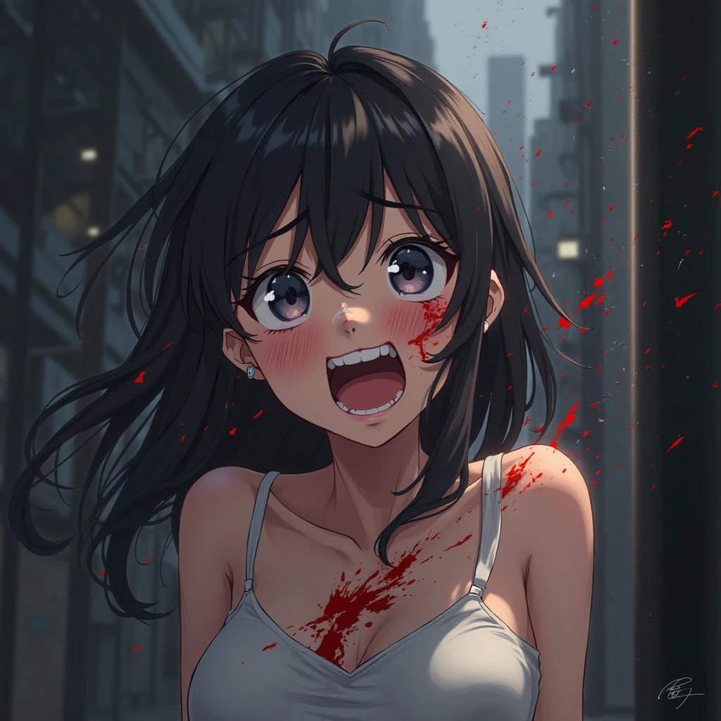 from below, 1girl, upper body,face close-up,smile, open_mouth,blood_on_face,blood_on_body, yandere, blush, yandere_trance, shadow_on_eyes, shaded_face,hands_on_own_cheeks, hands_on_own_face,looking_at_viewer, bare_shoulders,bare_arms,Dark Environment,hell,masterpiece, best quality, very aesthetic, absurdres, horror, blood,death,ruin,,kanu_unchou(ikkitousen), antenna_hair, black_hair, blue_eyes, hair_over_one_eye, long_hair, low-tied_long_hair, large_breasts, midriff, tan, underboob,