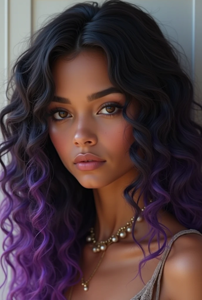 A girl with black hair with purple highlights, greeneyes, freckles and dark skin