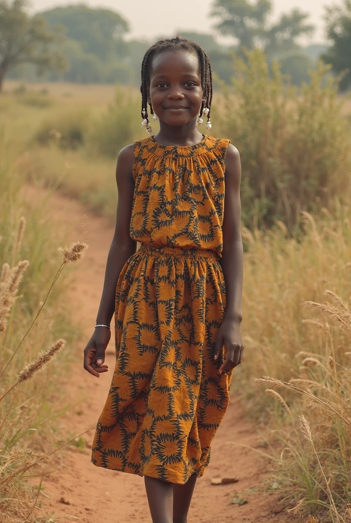 (Masterpiece: 1.1), High resolution, Photorealistic: 1.4), African sunrise, working in the fields,big 6-year-old girl with bare feet, Black skin, teal-colored dress, , big eyes, long hair and curly, big girls naive looks, expression full of hope and naivety, resilience, sunny, trails of dust, African culture, Echoing drums. Look like a amazon