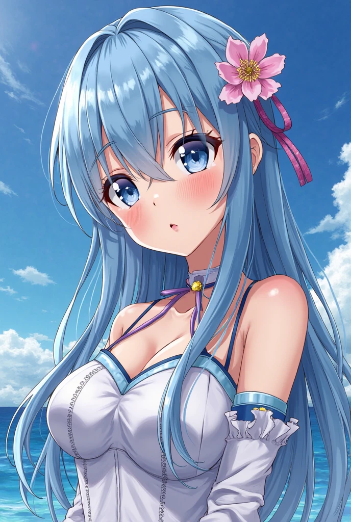 A cute white shirt that makes her look beautiful 、Unbuttoned white shirt、Blue 3/4 Cup Bra、Light blue frilled flared skirt、She holds up her skirt with both hands、Showing off her cute white underwear、The white underwear you can see when you lift up your skirt is cute、Sandy Beach, Beautiful sea, Night and starry sky