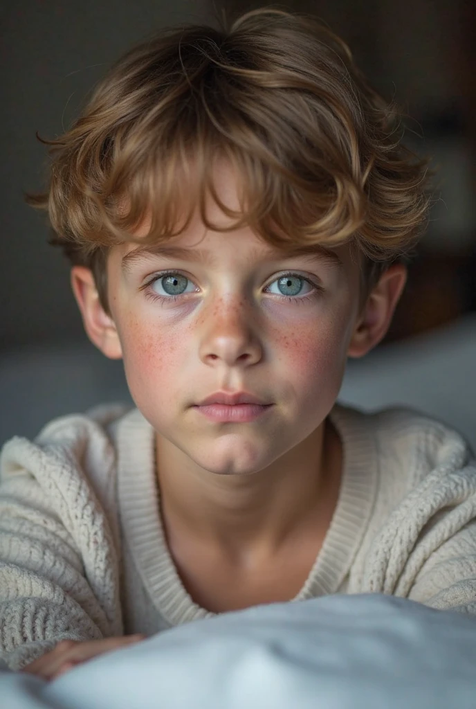 A handsome twelve year old boy, light brown hair, blue eyes, clean look, White skin, fine features, Europeans, melancholy, thoughtful, very beautiful, very tender.