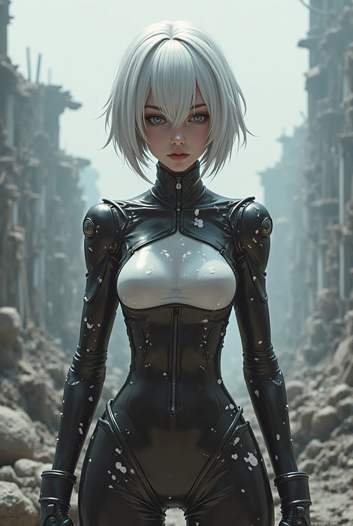 Masterpiece, best quality, Nier 2B, perfect detailed eyes, perfect face, inside abandoned building, (SFW), shot from back