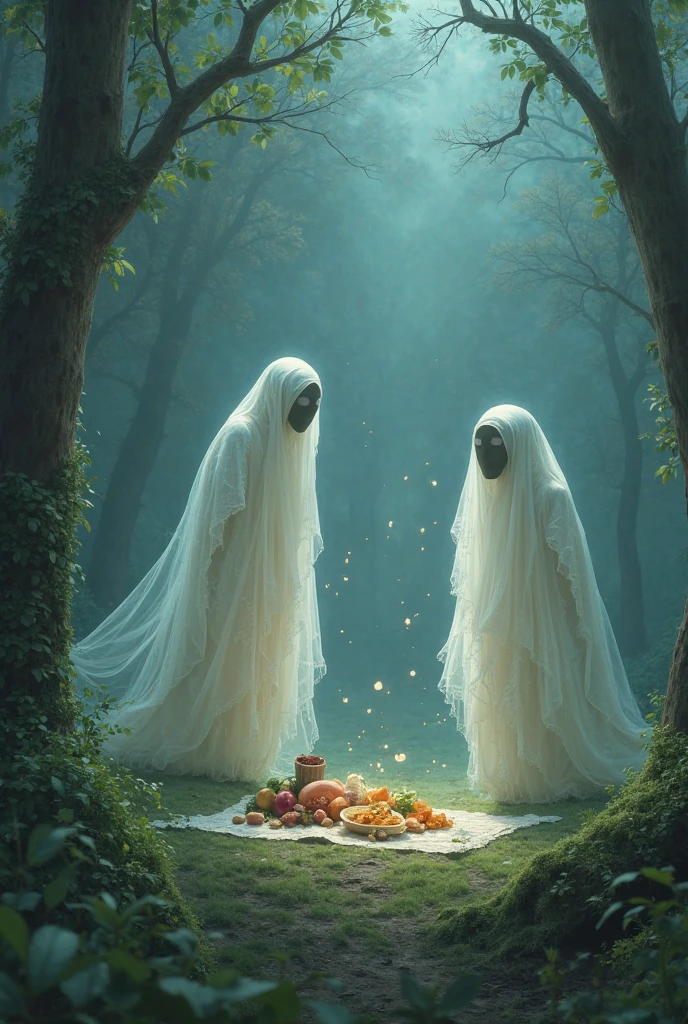 Two ghosts sit under a tree, eating the offerings with a happy expression.