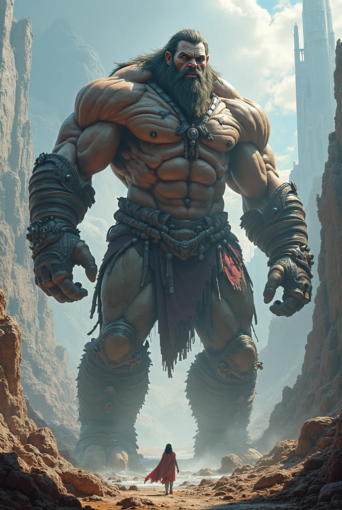 muscular giant, skull head with little hair and blood dripping, with gray skin and chains on the wrists