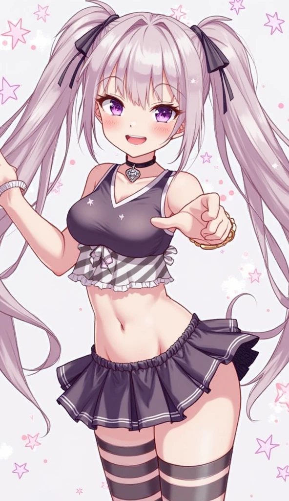 (masterpiece, best quality:1.2), cowboy shot, solo, 1girl, yozuna niu, smile, looking at viewer, black shirt, crop top, black skirt, single leg pantyhose, tail 