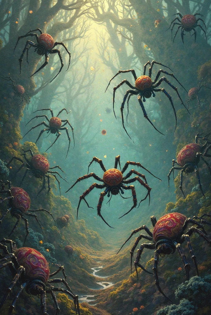 insect, scary, horror, forest, red led, red graffiti, fog, 8k, high quiality, ambient occlusion