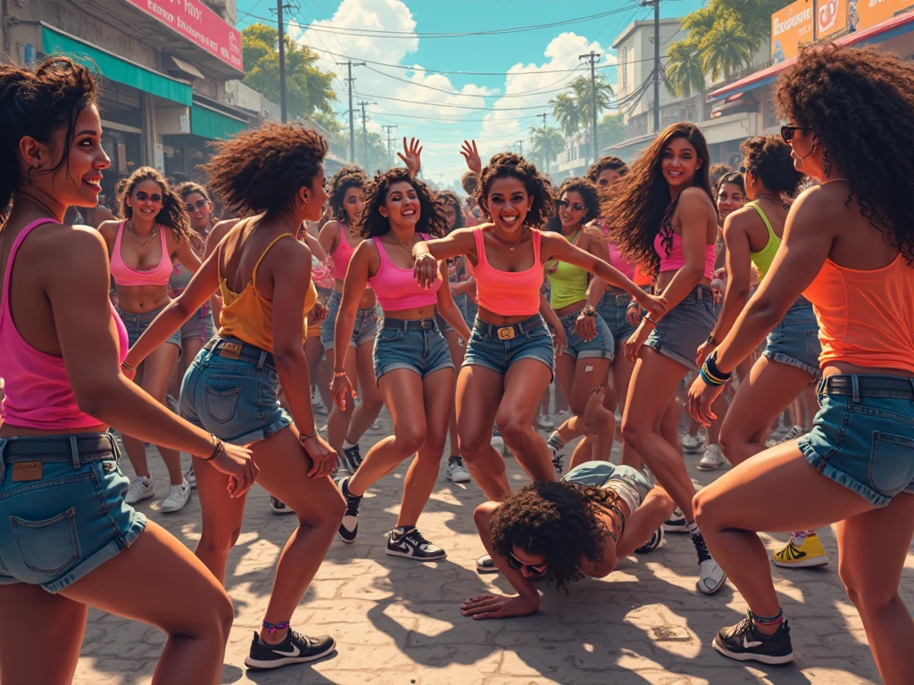A big boombox sound from the 80s, in the middle of the frame, a funky boobox sound yello and black with sticker on it and beautifull girls dancing around it. background a sunny day in Jamaica, very nice day, girls are happy music going on