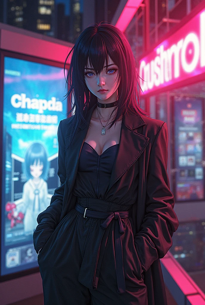 (Evangeline Lilly) Digital illustration featuring a anthropomorphic feline+paws+claw+tail with a striking appearance set against a vibrant, neon-lit urban background. She has human face and black hair with a prominent white streak, styled in a modern. She has yellow eyes. Her skin is fair with a strong complexion, and she has distinct facial features including sharp eyebrows, amber-colored eyes. She wears cat ears on her head, adding a playful yet fierce element to her look. Her attire includes a black choker and a black jacket. A noticeable tattoo of a skull with a gear design is visible on her upper arm. The background is filled with colorful, blurred neon signs in various shapes and sizes, contributing to the cyberpunk aesthetic of the image.