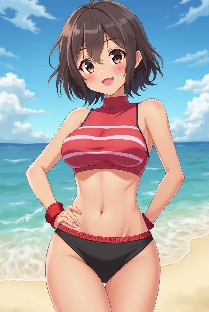 horikoshi kouhei, 1girl, :d, absurd, arms behind back, bangs, blush, boku no hero academia, breasts, brown eyes, brown hair, fengling (furin-jp), highres, looking at viewer, medium breasts, mouth open, pantyhose, bikini, short hair, sidelocks, smile, solo, standing, uraraka ochako, red from embarrassment, in public, small red bikini, micro bikini, walking in public, surrounded by people, micro bikini