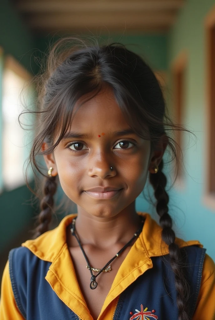 Design the face of a mixed-race indigenous girl, with features like the indigenous people of the Wayuu ethnicity or culture from the department of La Guajira, Colombia, The girl is wearing a school uniform and smiling without showing her teeth, She has a hair clip shaped like an indigenous bag, She looks 5 years old, The school in the background has a style of the Misak indigenous people from Cauca.