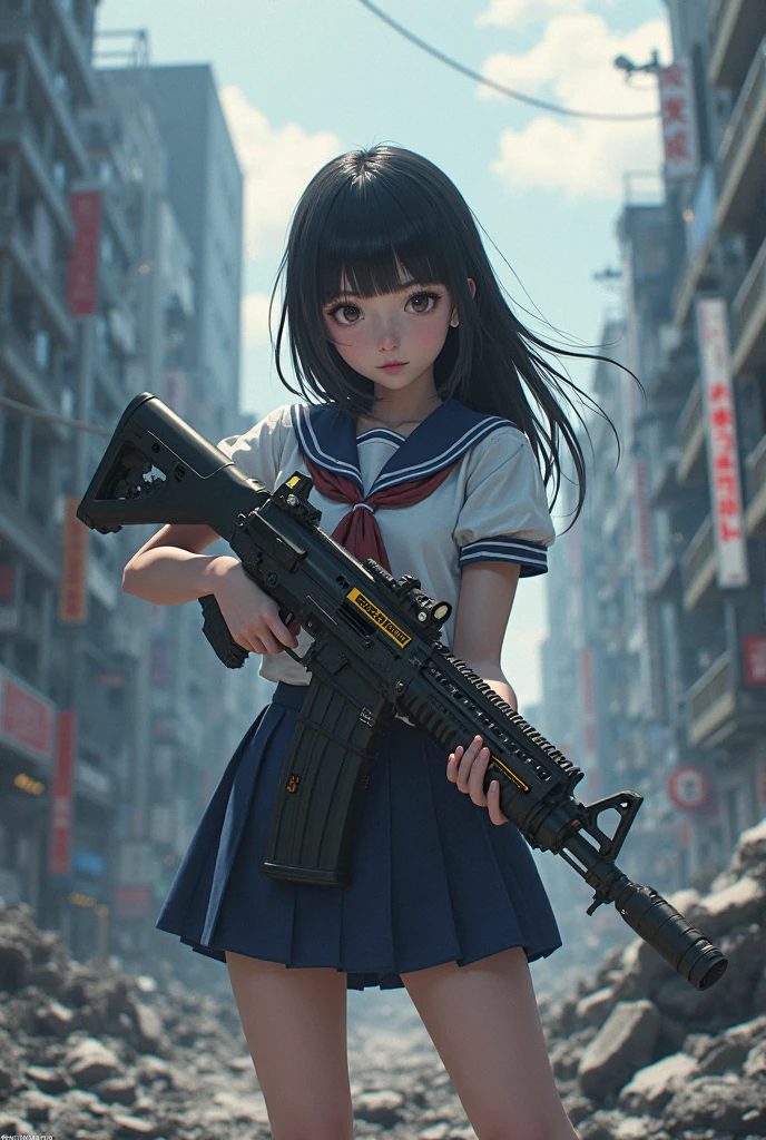 An elementary school girl with an assault rifle