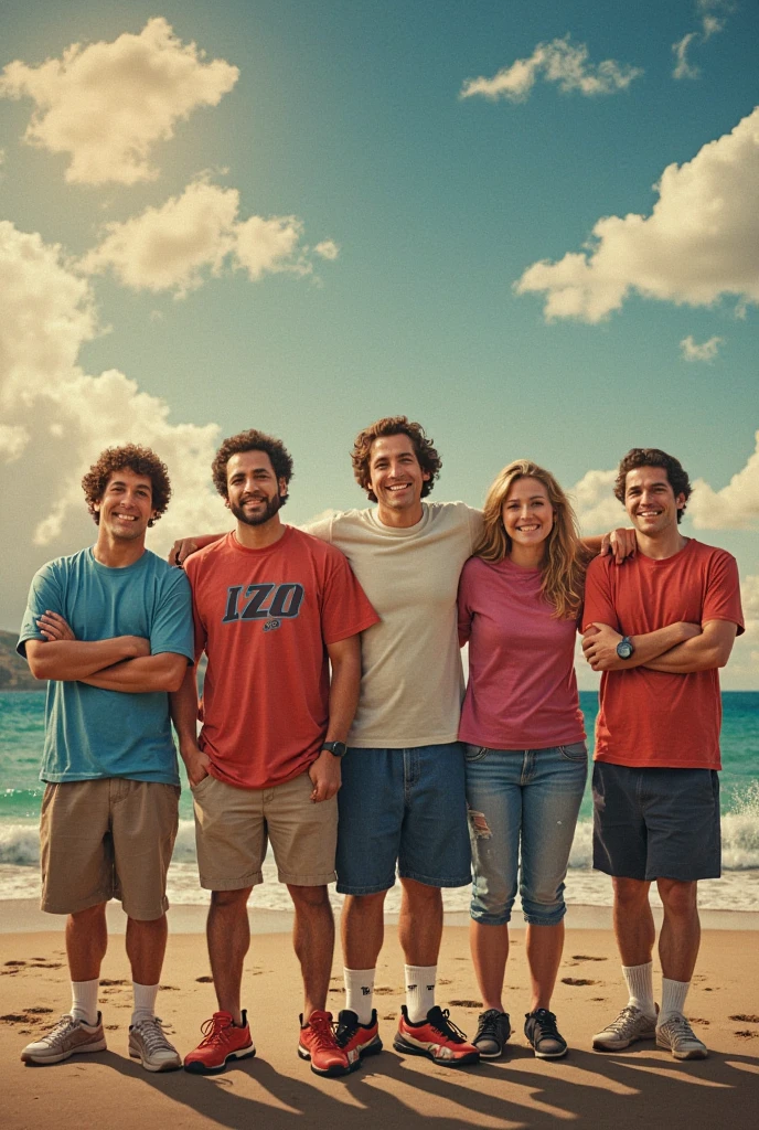 very scared people are standing on a table on the beach