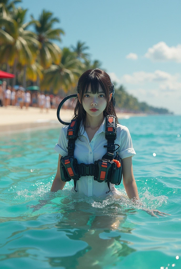 A young girl in a short uniform skirt skateboarding on the water, holding a water gun in her hand, is greeting the waves, the girl holds a water gun in her right hand, toy water gun, legs, feet, waves, high quality, 8k, sparkling