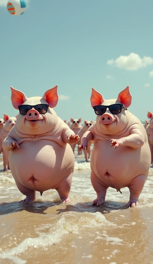 3 half-naked foolish men accompanied by pigs