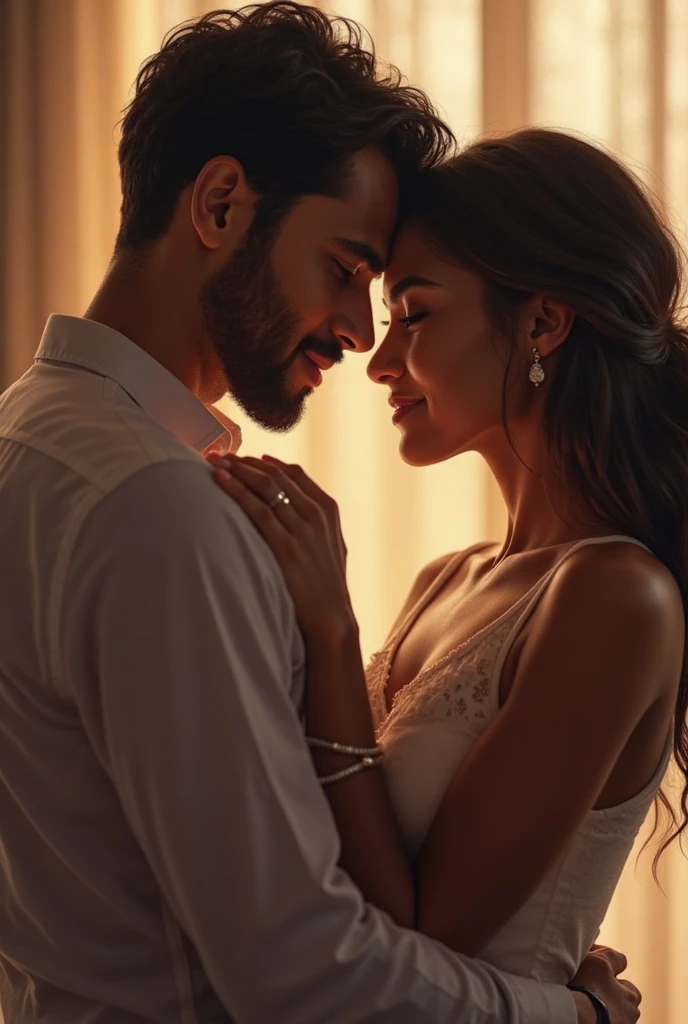 Create a image of a 2 indian couple in a room hugging each other girl have long black silky hair and high pony tail