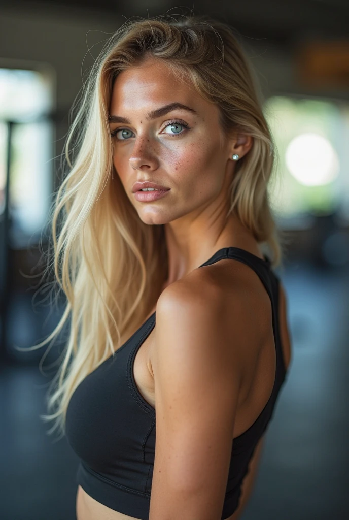 Alena Croft, realistic photo of beautiful woman with blond hair, slightly bleached hair roots, beautiful Swedish student, blonde, full body, (Alena Croft) women doing stretching on gym mat at fitness, posing in fitness, best quality, 1 girl, blurred background, bokeh, (house: 1,4), ((wearing black sports outfit)), warm, gorgeous, beautifully detailed, (dynamic pose: 1), soft lighting, wind, (( portrait: 1.4), UHD, Premium quality, ( brightness: 0.7), frame, best quality, ultra high resolution, (photorealistic: 1.4), high resolution, detailed and raw photo, Sharp Re, consistent dress code, consistent body structure, detailed face, detailed stomach, detailed body structure, photorealistic, photo, masterpiece, realistic, realism, photorealism, high contrast, trending photorealistic digital art on Artstation 8k HD high definition detailed realistic, detailed, blonde, big cleavage, big breasts, skin texture, hyper detailed, realistic skin texture, underwire, best quality, ultra high resolution, (photorealistic: 1.4), high resolution, detailed and raw photo, Sharp Re, by Lee Jeffries Film Stock Photography Nikon D850 4 Kodak Portra 400 Camera F1.6 Lens Rich Colors Realistic Texture Spectacular Hyper Realistic Lighting, Unreal Engine, Trending on artstation cinestill 800, UHD, Premium Quality, (Bright Illumination: 0.7), masterpiece, wide angle shot, raw photo (25 year old pale blonde woman, looking in front of her), blonde hair, detailed hands, sporty hand position, detailed