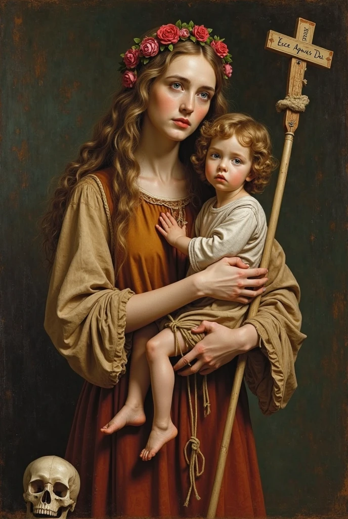 obra maestra, Women and children, Most Holy Mary Magdalene with small child in her arms, ((halo sobre la cabeza)), sonriente, cielo celestial, medio cuerpo, ((luz divina)), ethereal, nubes, contraluz, retrato realista, symetrical, fuerte, intrincado dibujo, altamente detallado, pintura digital, Art Station, arte conceptual, fluido, Focus sharp, illustartion, contra la puerta del cielo, cinematiclighting, obras de Leonardo Davinci, renacentista