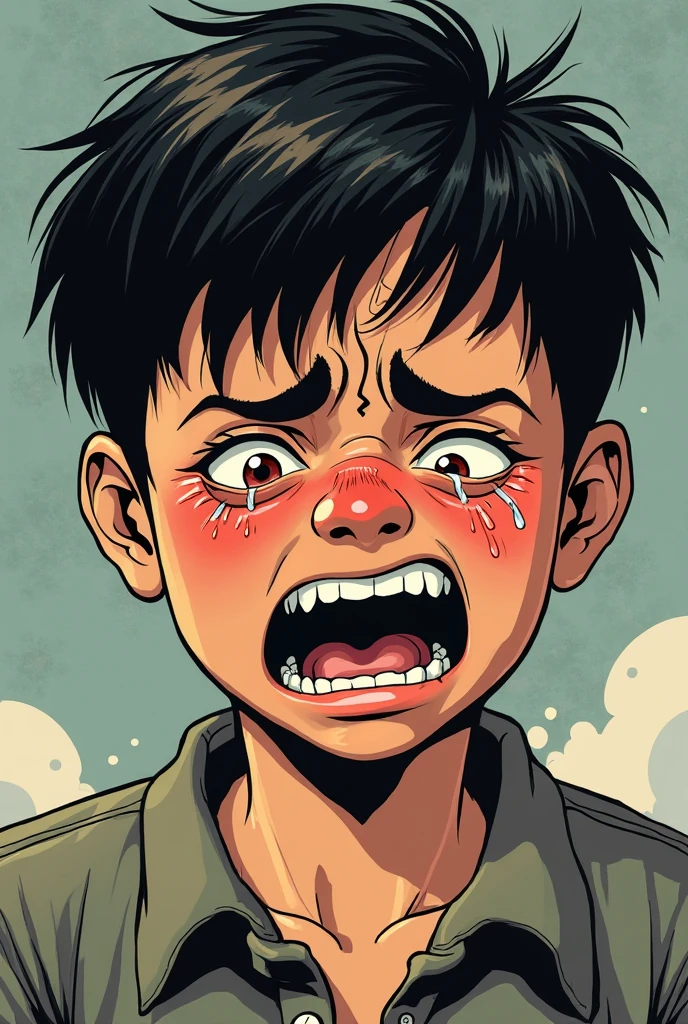 A drawing of a boy who got injured his head, bleed his nose, swollen arm and broke an arm after a bike accident.