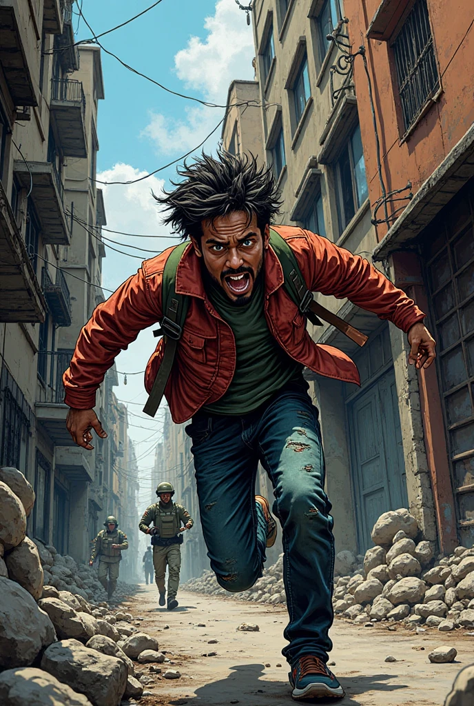 gritty, muddy, graphic novels illustration, a man running for his life, war action in Gaza, move trails, intricate, motion trails, onomatopeia, hard focus, great composition, hard attack movie poster, (tank with army mens all around:0.3), fire, explosion, corpses, movie poster, wide angle, go pro, absurd angle, 8K, mad movie still frame, epic nature theme, close-up