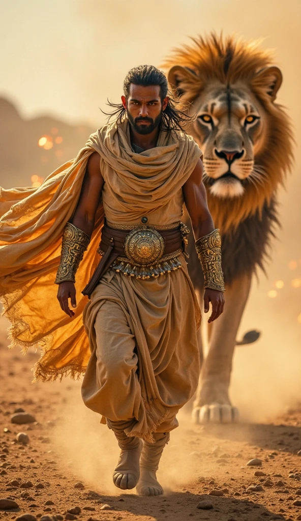 A handsome man with no shirt, golden pants, skinny white skin in the desert with a falcon and two leopards 