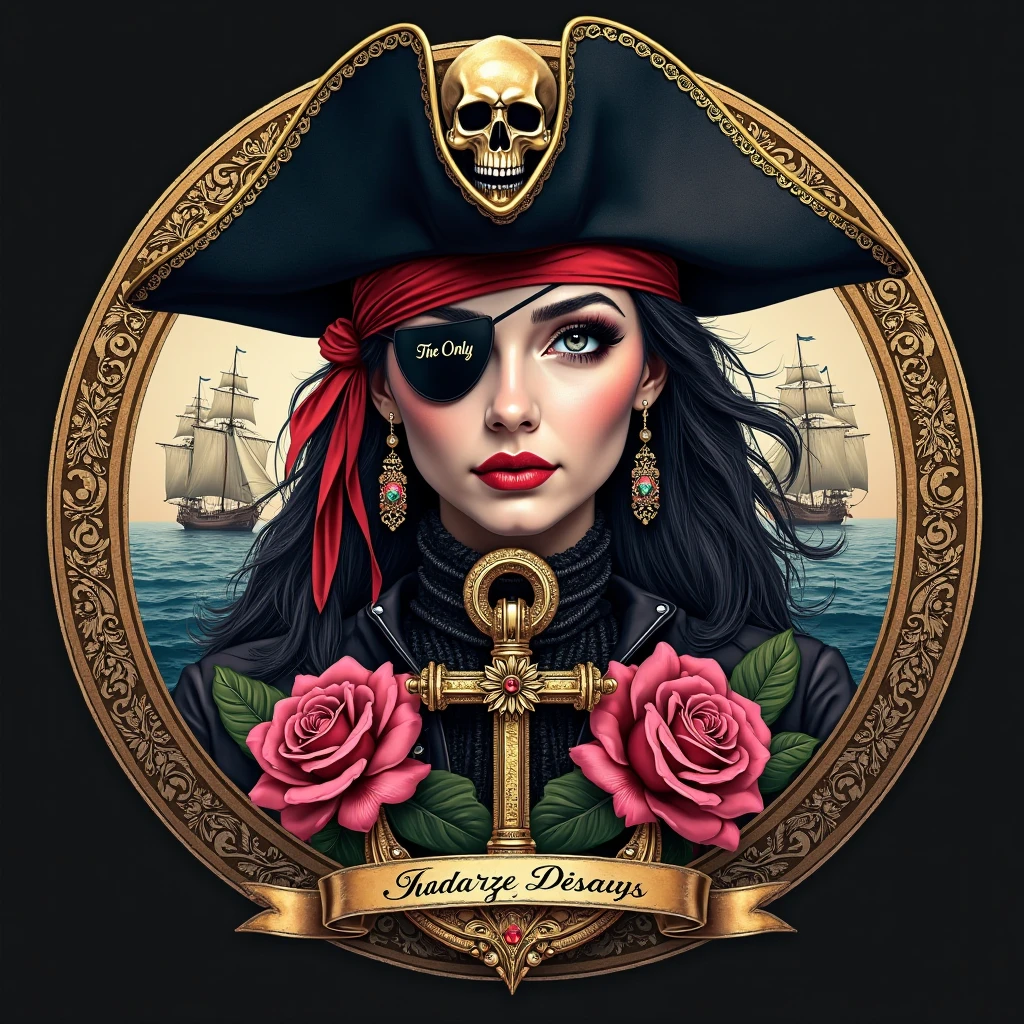 An old label with a terrify female pirate head and two sabers with a rhum arrangé banner at the top