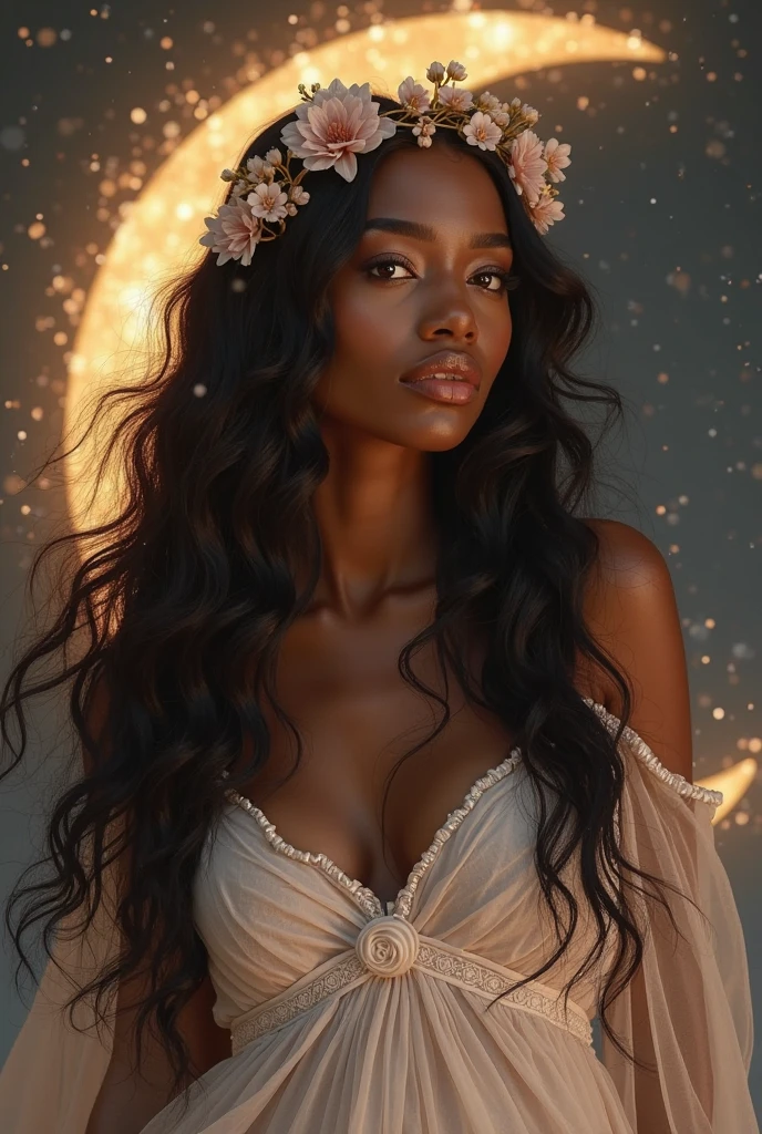 Dark skin, curly Afro, purple and white hair, stars, moon crest, stars in hair