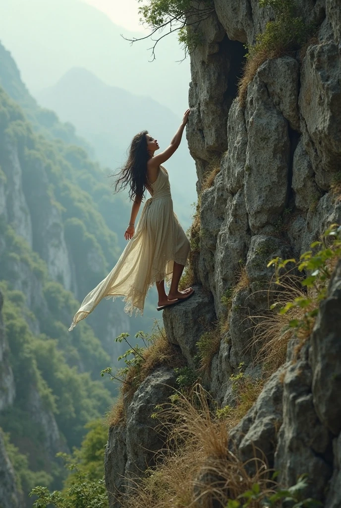 A 35-year-old woman radiating strength and elegance in a dramatic, mountainous landscape during sunset. She stands on a rocky outcrop, dressed in a flowing, deep-colored gown that contrasts with the rugged terrain. One arm is outstretched as if reaching for the horizon, while her gaze is focused on the distant peaks, exuding determination and grace. The camera is positioned low, capturing her against the backdrop of towering mountains, with the sky painted in shades of orange, pink, and purple. The background includes jagged cliffs, distant snow-capped peaks, and a winding river far below, adding depth and majesty to the scene. Photographed with a 24-70mm lens, the image blends her poised beauty with the epic grandeur of nature, creating a powerful and inspiring composition