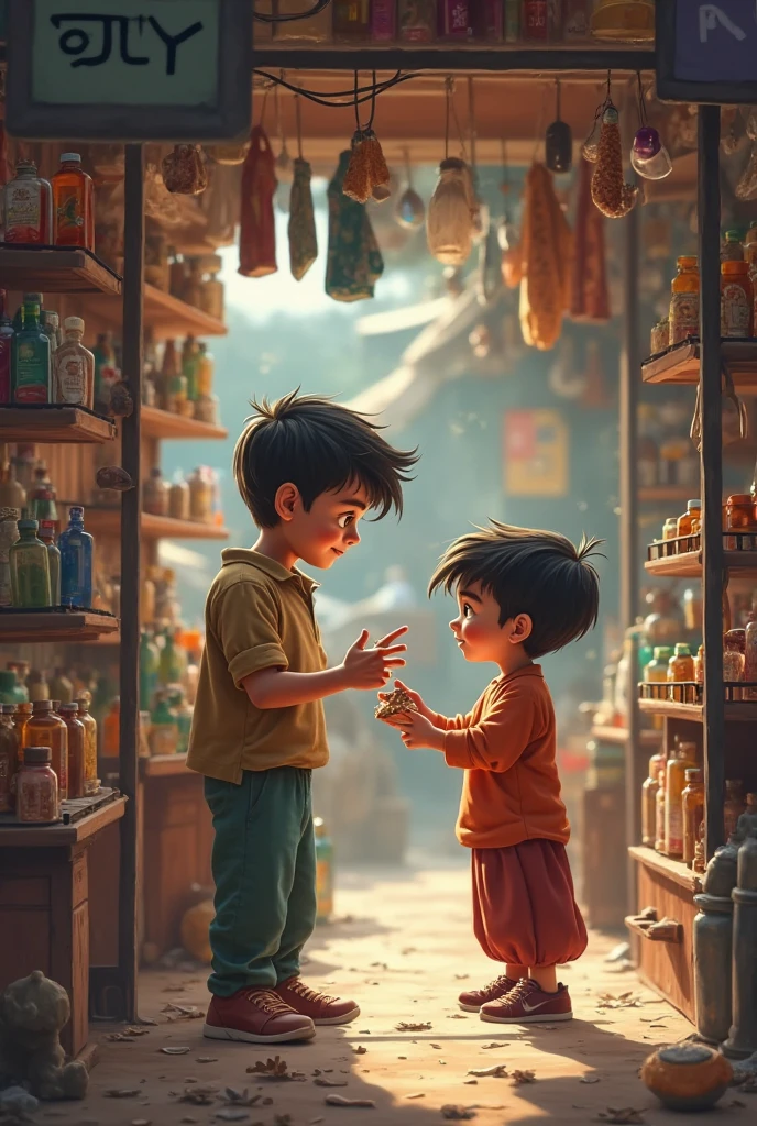 Make a picture of a slum area where there are some houses and a girl and a boy sitting and talking in a tailor shop