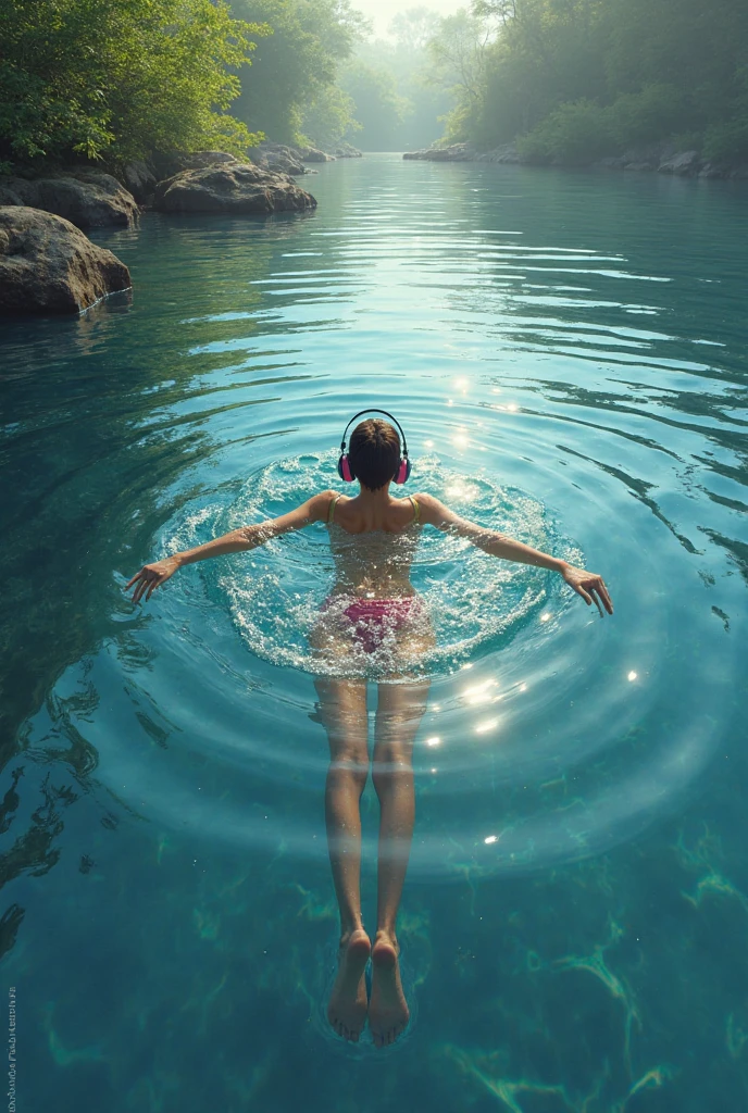 Teen male listening music in ocean