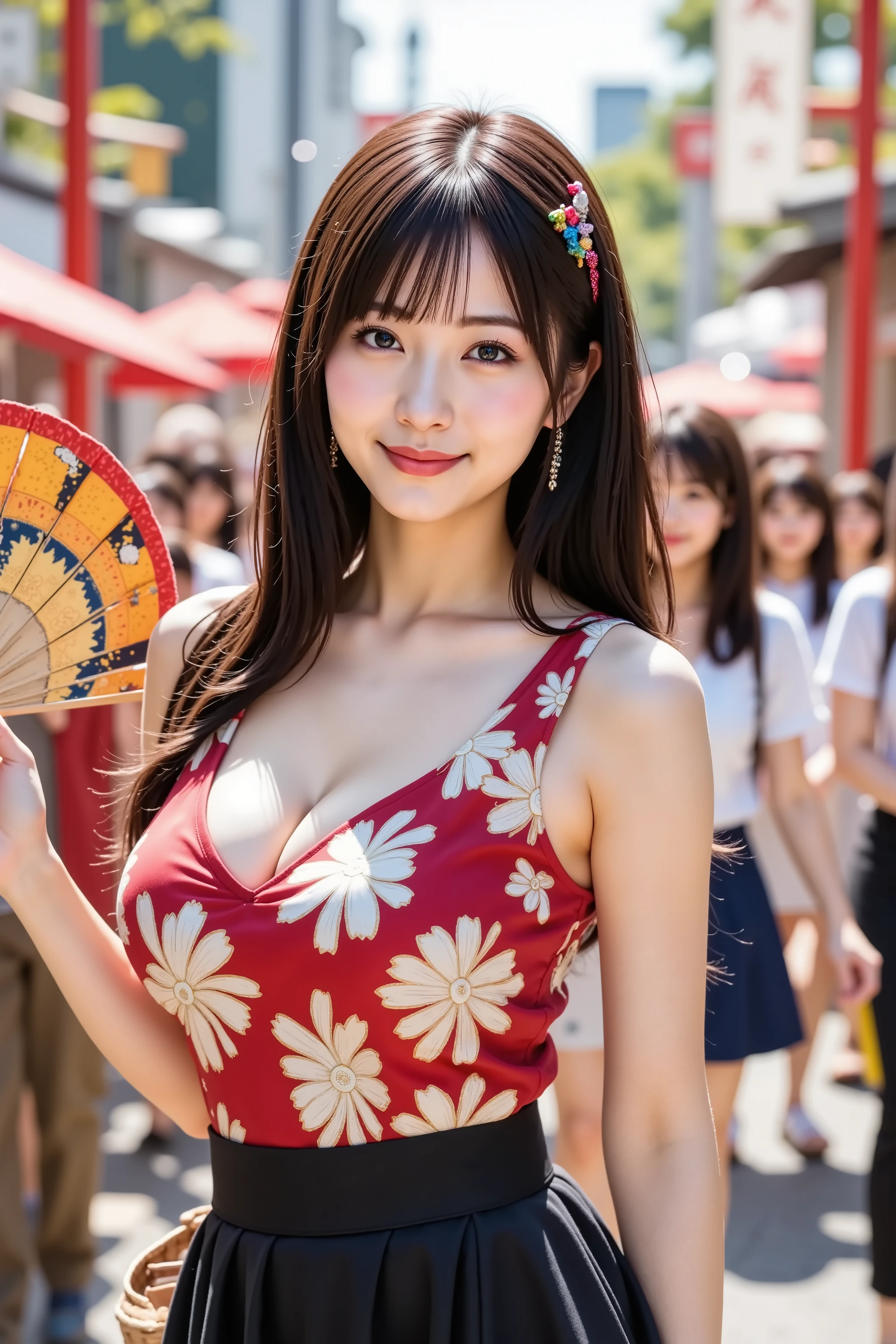 ((Best Quality, 8K, Masterpiece: 1.3)), (Cute Hairpin: 1.3), Focus: 1.2, Perfect Body Beauty: 1.4, Buttocks: 1.2, Very Large Breasts: 1.4 ((Layered Haircut: 1.2)), Highly detailed face and skin texture, Full body, fine eyes, Double eyelids, whitened skin, long white slightly curly hair, (melon face: 1.5), Leaky breasts, sexy, buttocks, big breasts, smile, summer festival, colourful yukata, japanese, kimono