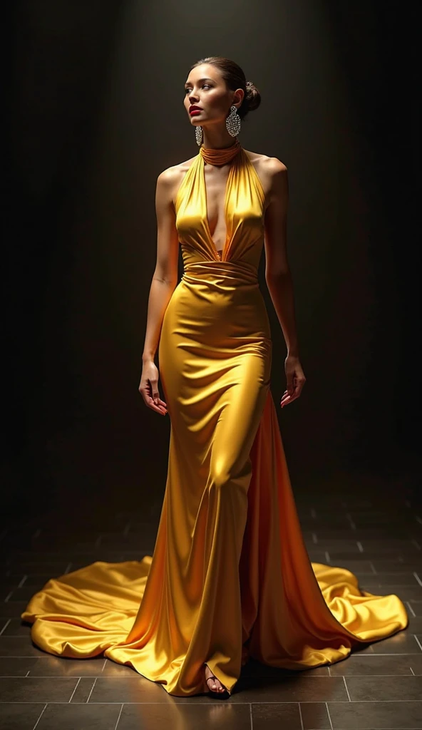 Gorgeous woman, short dress like molten gold, hourglass figure, blonde, slinky dress, undercut, low angle shot, hourglass figure, asymmetric,