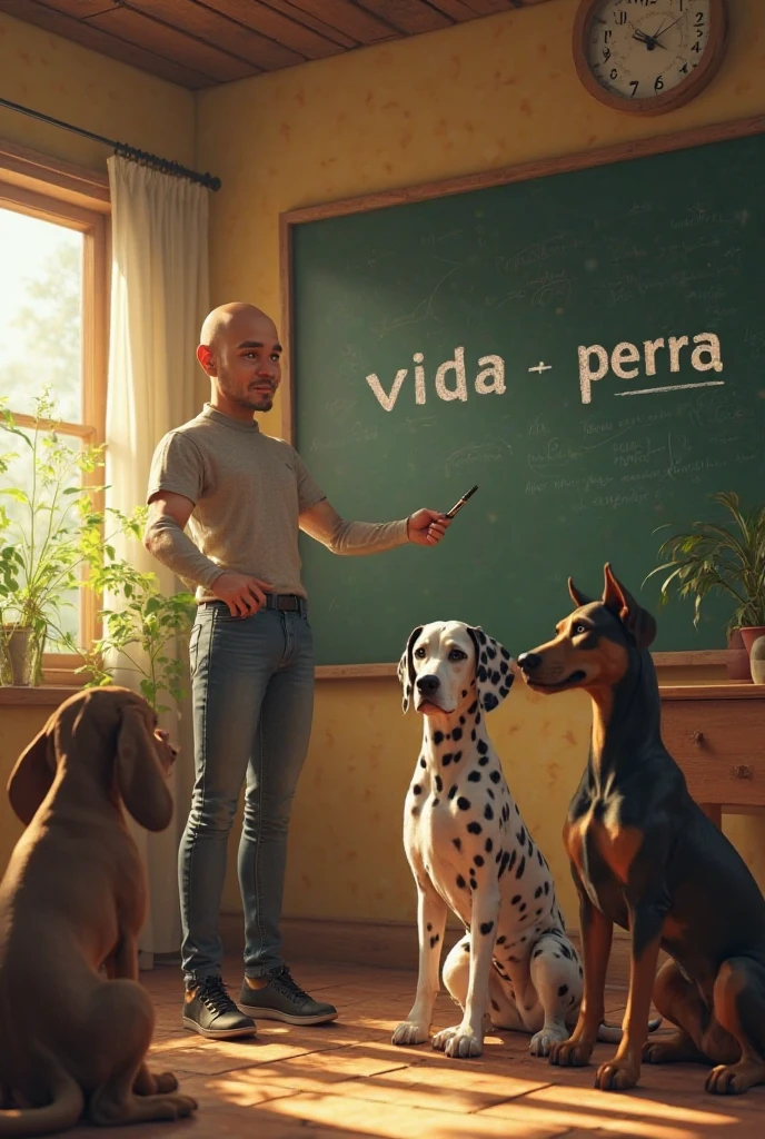 Three dogs sit attentively in class, looking at a blackboard, from which the teacher, a young, attractive, bald man, points out some words in Spanish written on the board in original colored letters: “VIDA PERRA”. The image is illuminated by the morning sun, which enters the classroom through the windows. In the photograph we can see the dark and light of the light, reflected both in the animals and in the teacher, as well as in the classroom furniture.