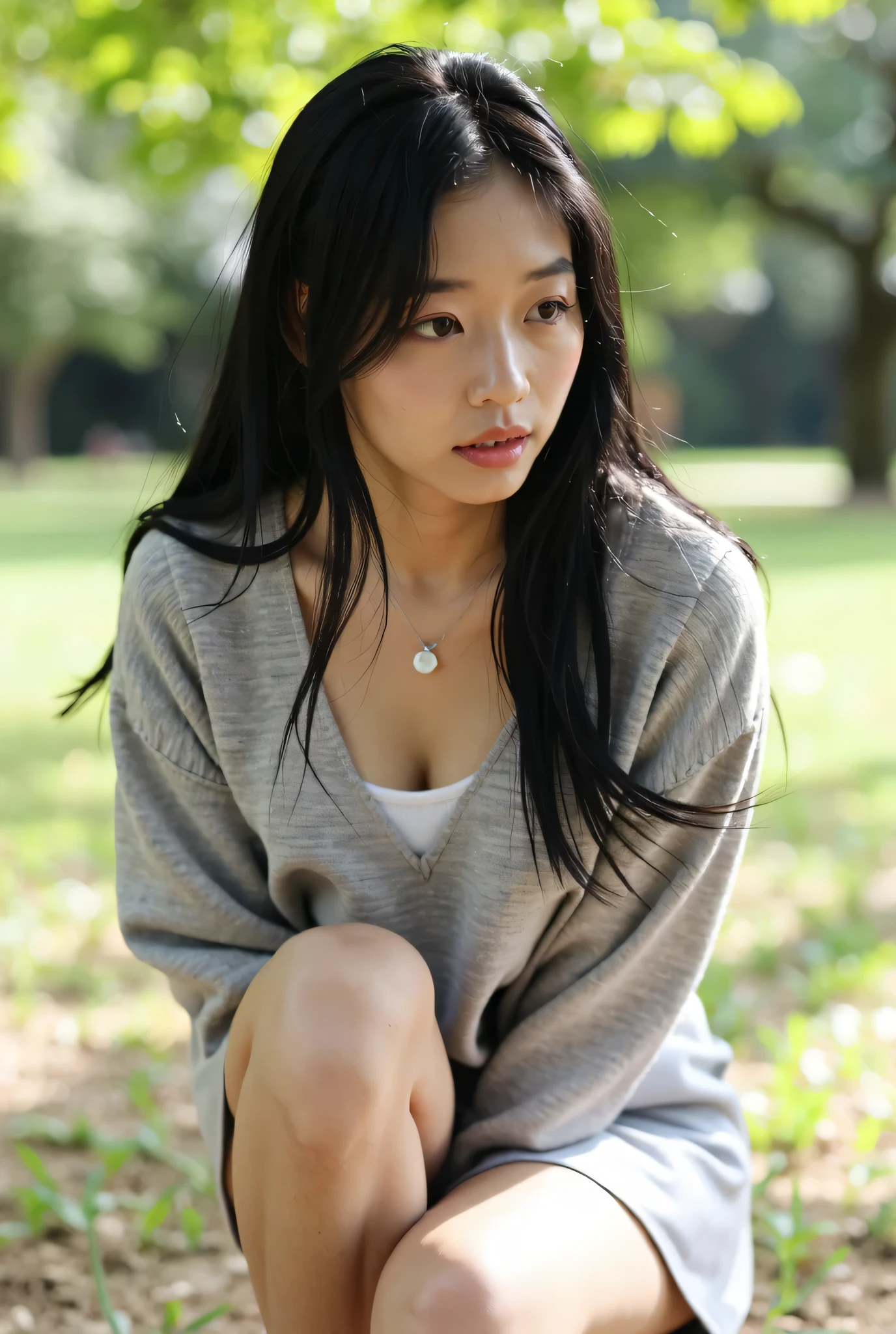 masterpiece, Highest Quality, high resolution, Photo, very detailed, light brown nipples peeking out from above the head of a young Japanese woman crouching in the park and into her clothes over her shoulders, (very small breasts:1.8), loose sweater, Miniskirt, long black hair, Cute, ashamed face, light brown areolas seen from clothes, low angle, (Flat breasts seen from above head:1.6), (flat breasts:1.8), detailed nipples, sexy, correct anatomy, bare skin
