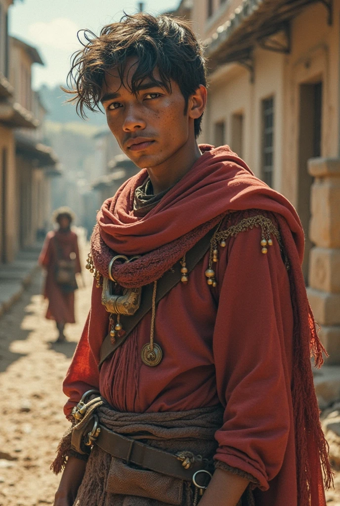 A young boy of 20 years wearing good clothes of a old empire facing in front (poor)