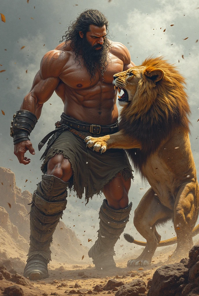 a mythological male figure, Heracles, defeating a creature, highly detailed, intricate, cinematic, dramatic lighting, epic, digital painting, 8K, photorealistic, (best quality,4k,8k,highres,masterpiece:1.2),ultra-detailed,(realistic,photorealistic,photo-realistic:1.37),dramatic pose,muscular body,heroic expression,powerful,intense battle scene,mythological background,dramatic lighting,cinematic composition,rich color palette