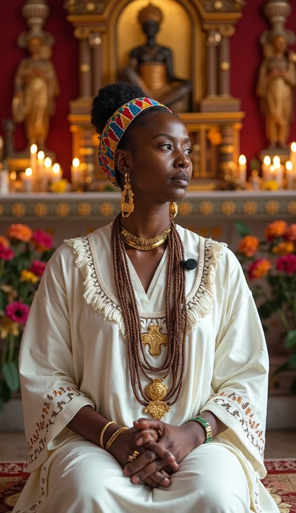 Create a photorealistic image of an Ethiopian woman wearing a traditional Habesha kemis. The dress should be ankle-length, made of white cotton fabric with intricate, colorful embroidery around the neck, wrists, and hem. Include a matching shawl draped over her shoulders. She is sitting infront of an Ethiopian Orthodox church The setting should be natural with good lighting.