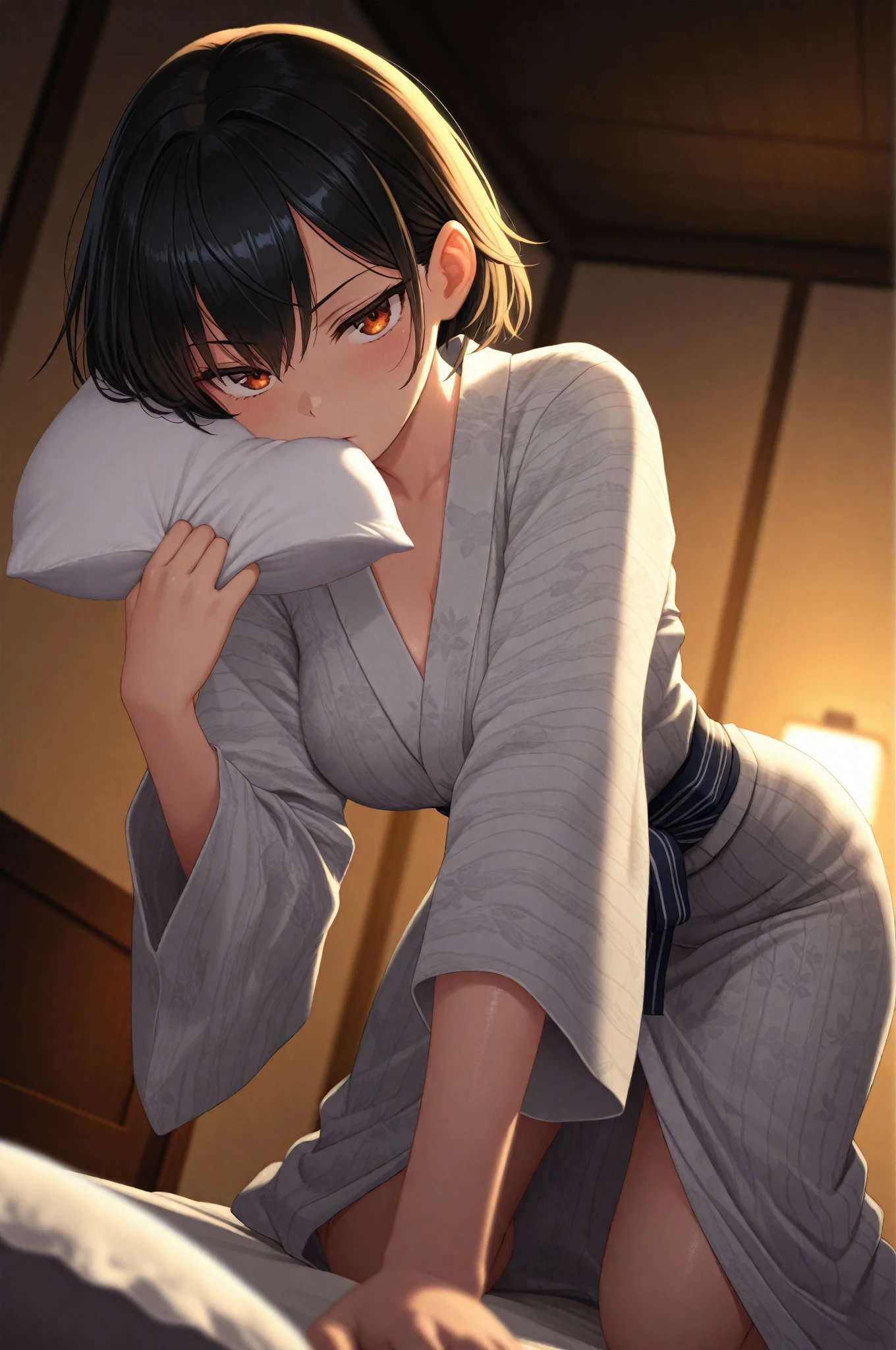 H cup breast, large bust, tight shirt, short hair, long skirt