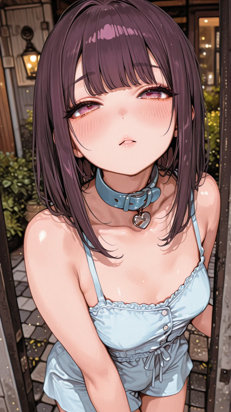 1girl, (((lactation))), nsfw, (Expressive eyes), (Perfect Face), ((cute)), Slanted Eyes, ((Baby Face)), (((female child))), (9 years old), (((Petite))), (((Flat Chest))), White skin, gleaming skin, Yellow eyes, aroused, seductive smile, twin braids, black hair, Naked, collar, chain leash, ((Back Alley)), Outdoor, (Sweat), drooling, Front view, Close up of upper body, detail perfect piece, 16k, (Best quality)