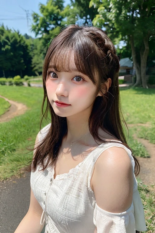One piece with collar,outdoors,Urban Park,On the lawn,Ultra-detailed, finely detail, hight resolution, 8K Wallpaper, Perfect dynamic composition, Beautiful detailed eyes,Outdoor,Close-up of face,Outdoor,Blushing,Facing forward,,Long hair ponytail,((8k, Raw photo, Best Quality, Mastepiece:1.2), (Realism, Photorealistic:1.4), (Highly detailed 8K wallpapers), Depth of written boundary, Cinematic Lighting, Soft Light, Detailed Beauty Eye,Shiny and smooth light brown ponytail, Asymmetrical bangs, Shiny skin, Ultra-detailed skins ,It is high resolution., High detail, Detailed hairstyle, Detailed facial beauty, Hyper-realistic, Perfect limbs, Perfect Anatomy ,1 Japanese girl,Famous Japanese Idols, Perfect female body,A shy smile,Short eyelashes,Double-edged eyelids,Look straight here,Hair style: ponytail,