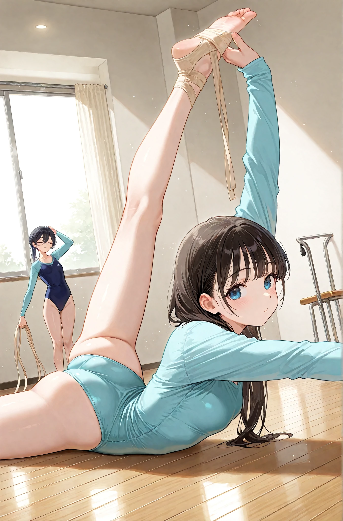 (masterpiece, best quality:1.2), 2girl,face to face, look at each other, standing_split,both standing split，white ballet dress, full body