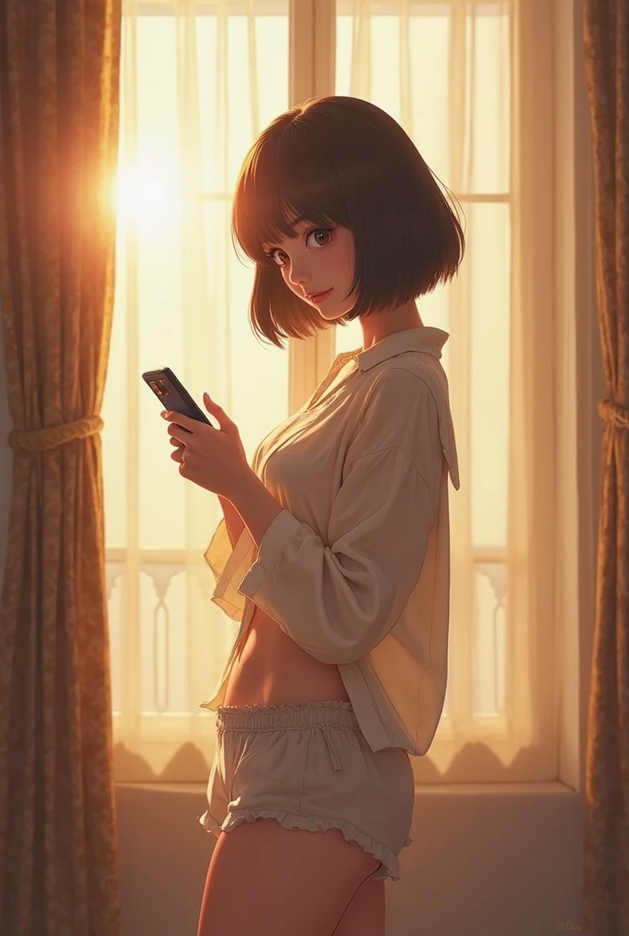 upper body, solo, 1girl, looking away, smile, foggy atmosphere, closet <lora:endou_okito_style_v01:1>