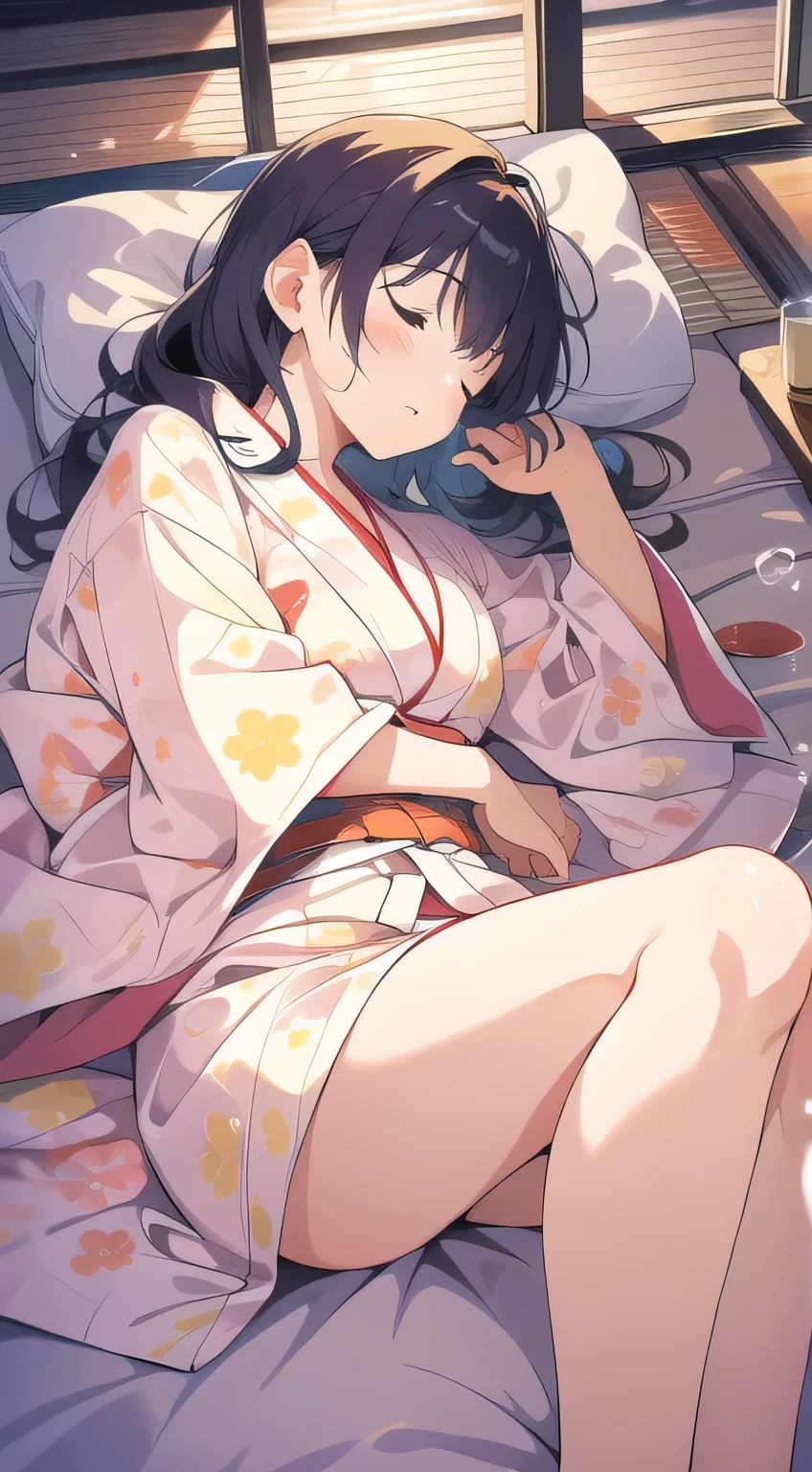 pillow throw battle yukata　lots of girls dripping breast milk　Lots of futons　tatami　saloon　Woman Throwing Pillows　soap bubble effects　Tired sleeping woman