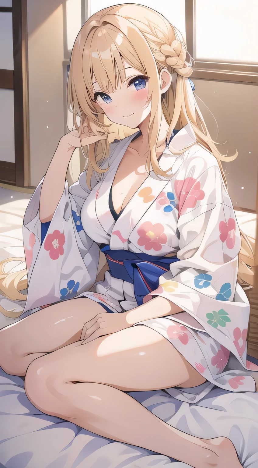 Sakura tree background, in a kimono, palatial palace ,20 year old girl, Cherry blossom pattern kimono, Japanese Models, Dark blonde hair、sakimichan, medium large breasts、Sexy buttocks、Shoulder out、(lyin in bed)、spreading hands