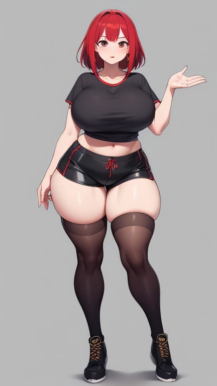 blank background, (((full body))), (masterpiece), ((best quality)), ((tall girl)), straight hair (curvy:1.7), (short skirt), shoes, belt below navel, ginger hair,, (black suit and tie), wide hips