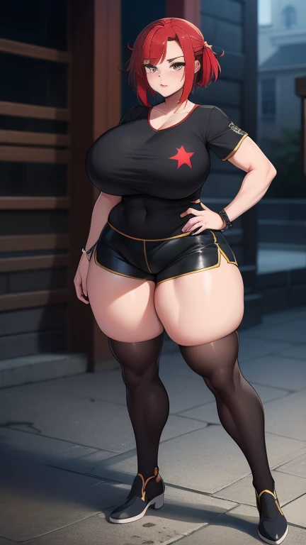 venusbody,1girl,solo,(huge breasts:1.1),gigantic hips,wide hips,thick thighs,(huge thighs:1.3), slim waist,tube top,microskirt,smile,happy,open mouth,thighhighs,very long hair,short hair,brown hair,(Dark skin:1.4),blonde hair,forehead,looking at viewer,outdoors,collar,glasses 