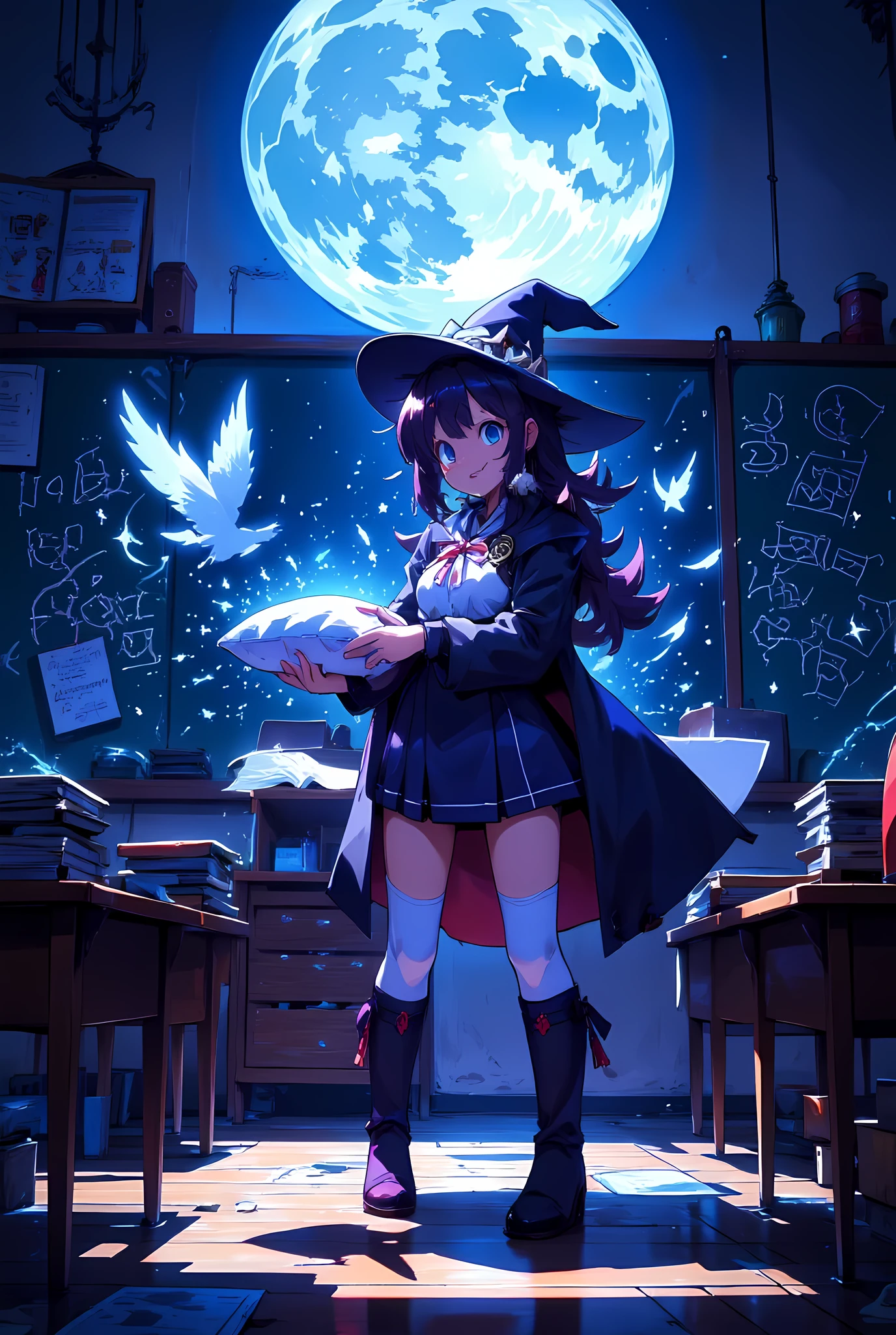 anime movie style, full-body view of a magical high school girl standing in a moonlit classroom, holding a glowing enchanted pillow in both hands, wearing a stylized school uniform with a short cape and a pointed witch hat, her expression is playful and mischievous, moonlight pours in through large windows casting soft blue light across the wooden floor and desks, blackboard behind her glowing faintly with magical runes and chalk spell diagrams, floating feathers and sparkles in the air, her grimoire floats nearby with faint glowing pages, cinematic lighting with strong moonlight shadows, soft color palette with mystical blues and purples, dynamic composition, ultra detailed, best quality