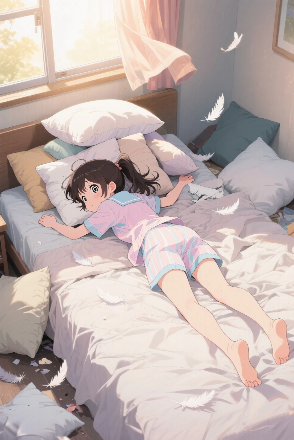hair messy,Teenage girl in super shorts and underwear,Lie down in bed。 --auto